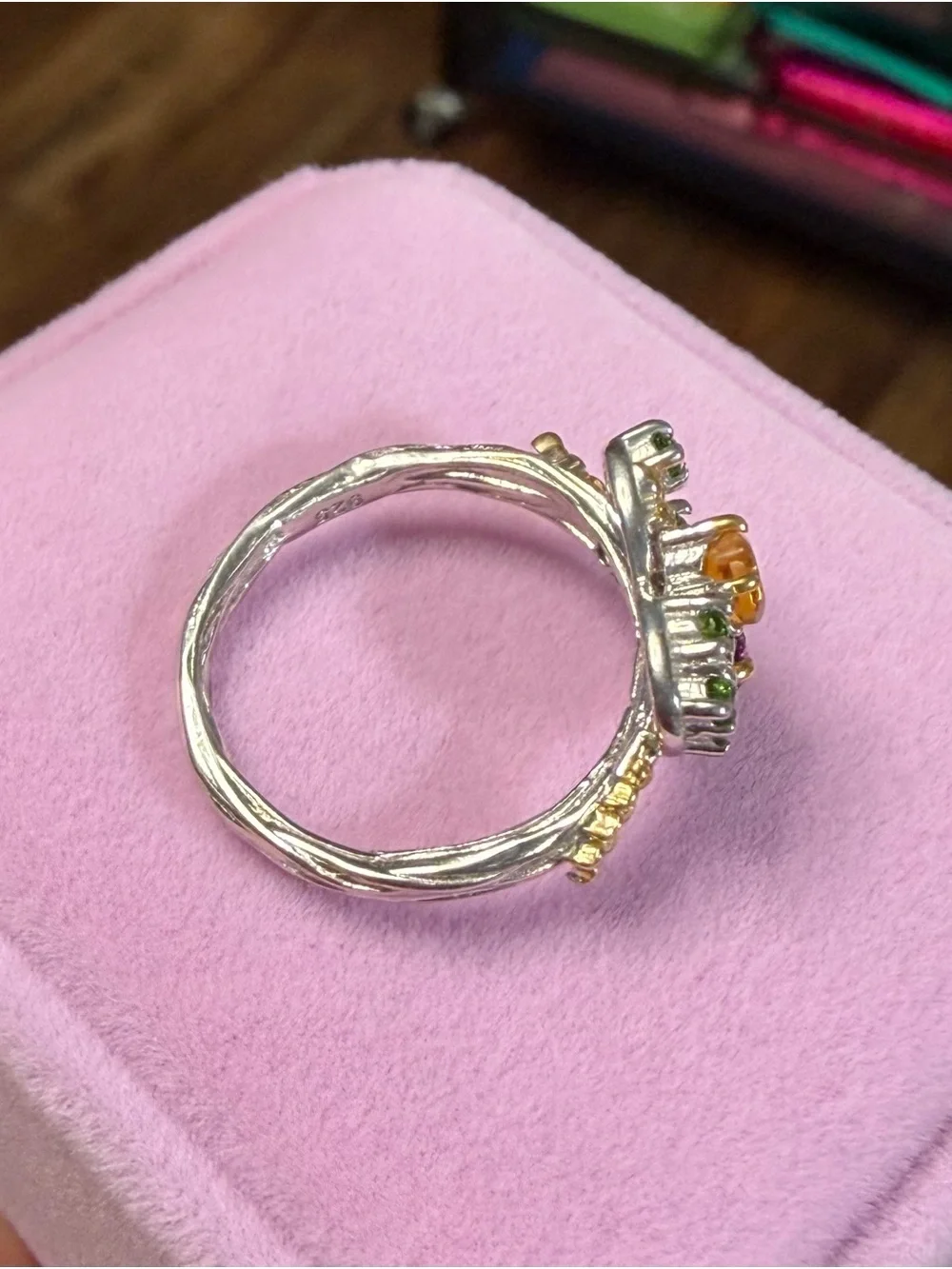 Natural Citrine Chrome Diopside & Garnet Heart Floral Twisted band Ring Sz 6.75